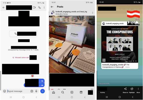 Скриншоты с мобильного телефона. Слева – переписка в мессенджере с исчезающими сообщениями и пропущенным голосовым вызовом. В центре – публикация в Instagram с изображением книг и логотипом «Krokodil». Справа – сториз из Instagram с афишей события под названием «The Conspirators» с изображением флагов и участников мероприятия. tidttiqzqiqkdrps rtiqxkiqzhidtzrkm